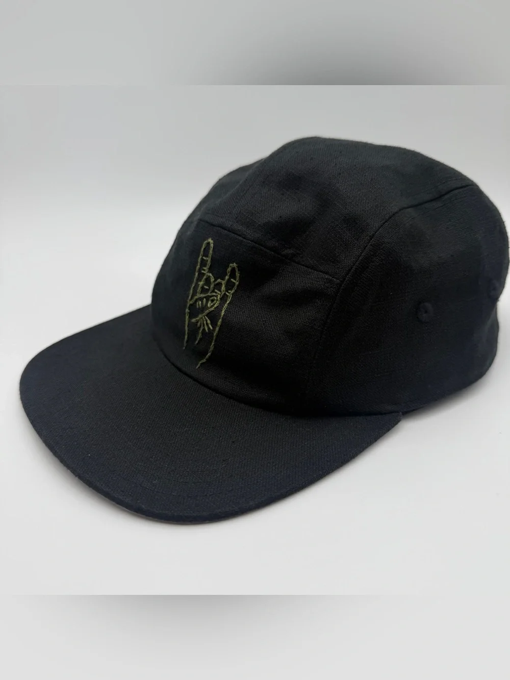 Black 5-Panel Cap with Hand Gesture Embroidery 77% Hemp Womens dadcore